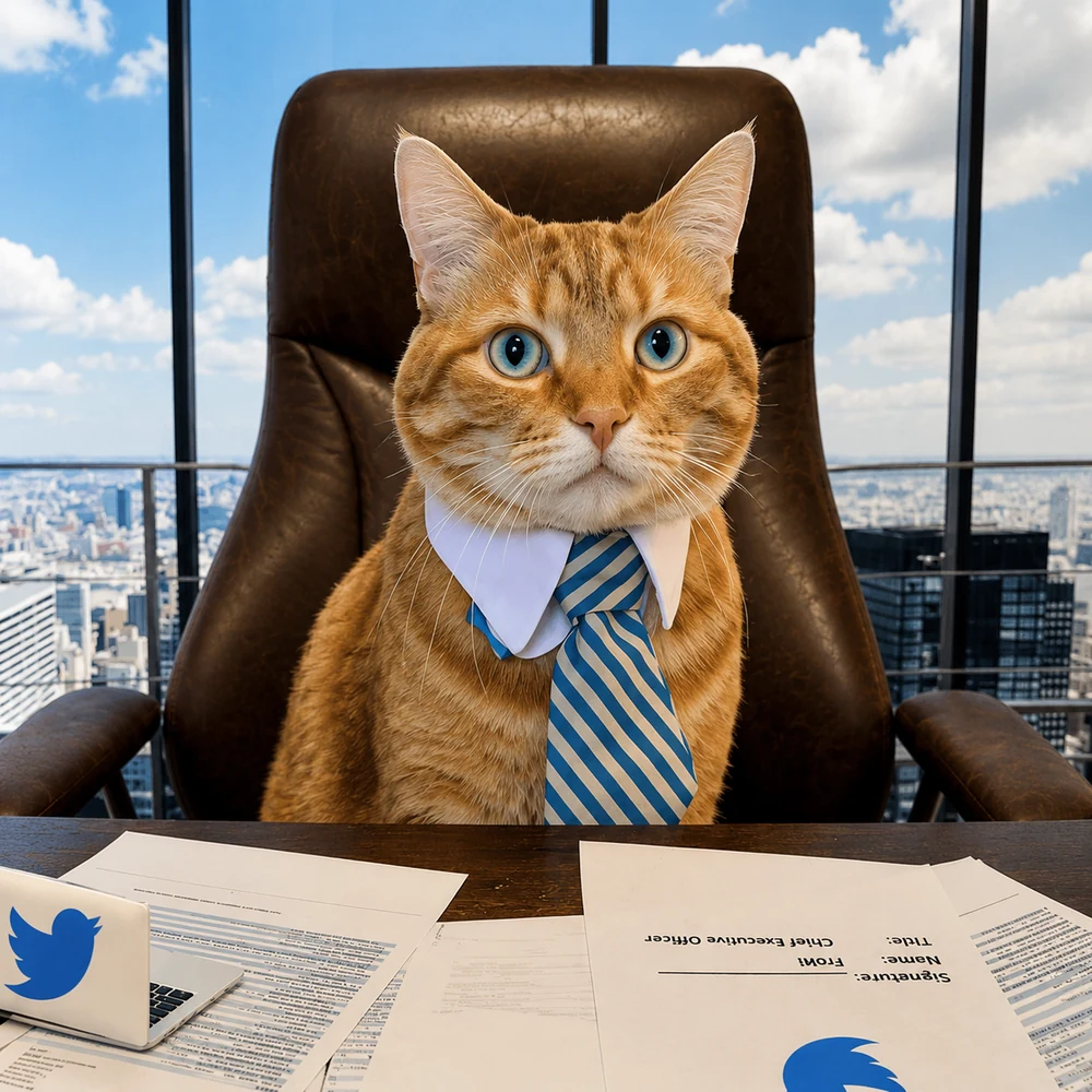 A cat in a tie behind an executive desk